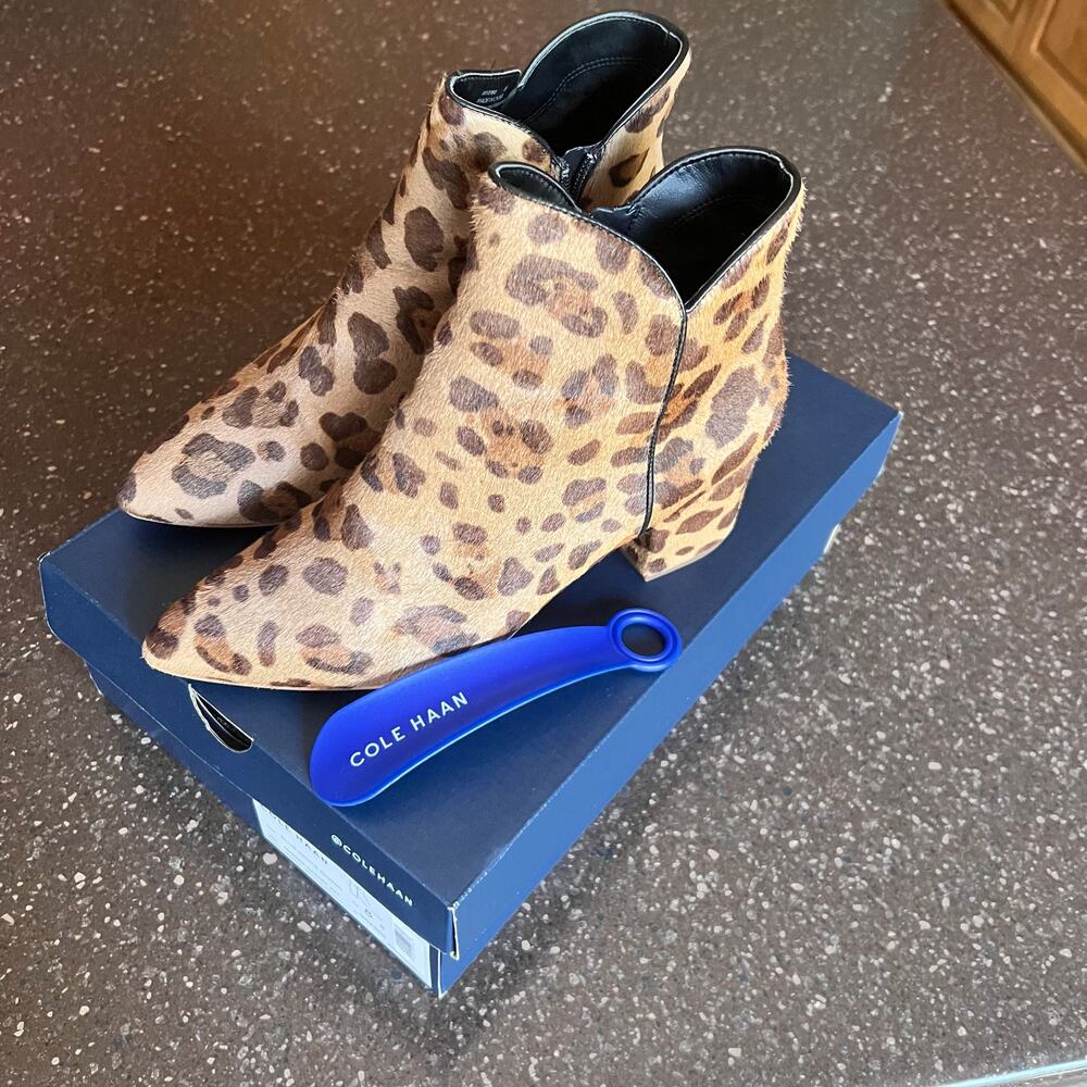 Cole Haan Elyse Leopard Print Block Heel Boots Size 8 Booties Mercer Ocelot
